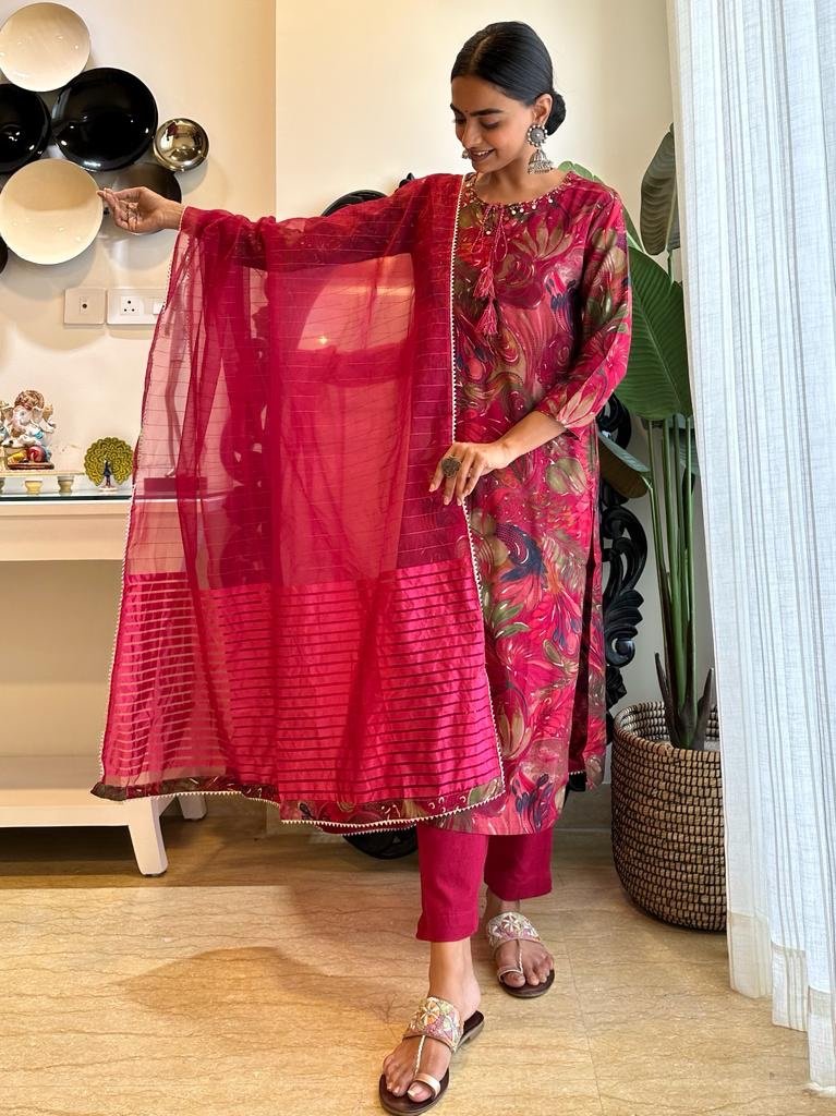 Deep Red Muslin Straight Set - Image 5