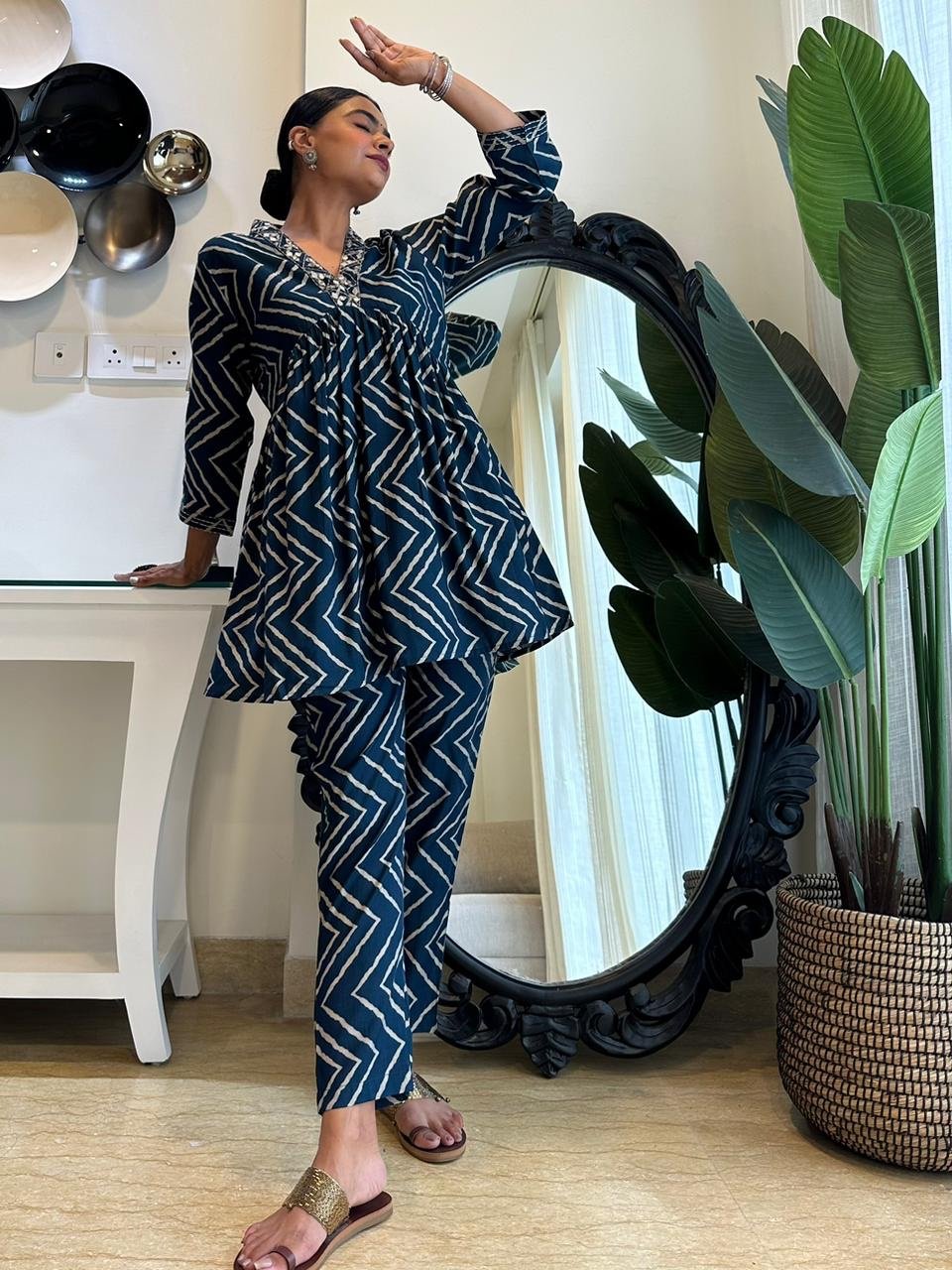 Navy Leheriya Muslin Coord Set