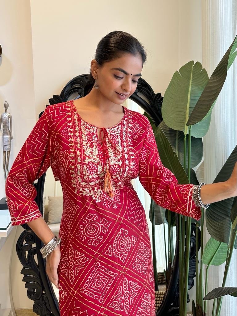 Red Bandhej Tassel Kurta - Image 3