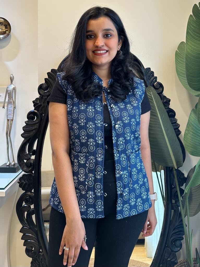 Reversible Quilted Sleeveless Jacket- Indigo Boota