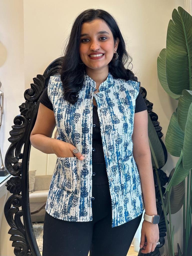 Reversible Quilted Sleeveless Jacket- Indigo - Image 2