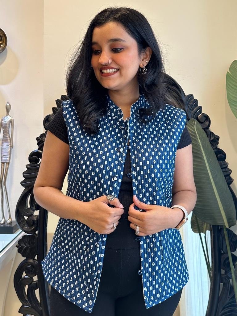 Reversible Quilted Sleeveless Jacket- Indigo - Image 3