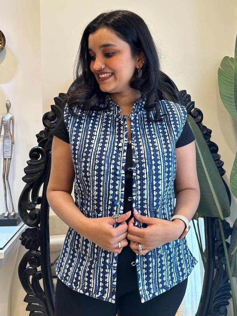 Reversible Quilted Sleeveless Jacket- Indigo Boota - Image 4