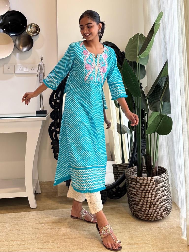 Fringe Light Blue Leheriya Kurta
