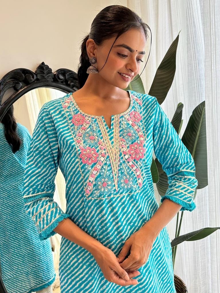 Fringe Light Blue Leheriya Kurta - Image 2