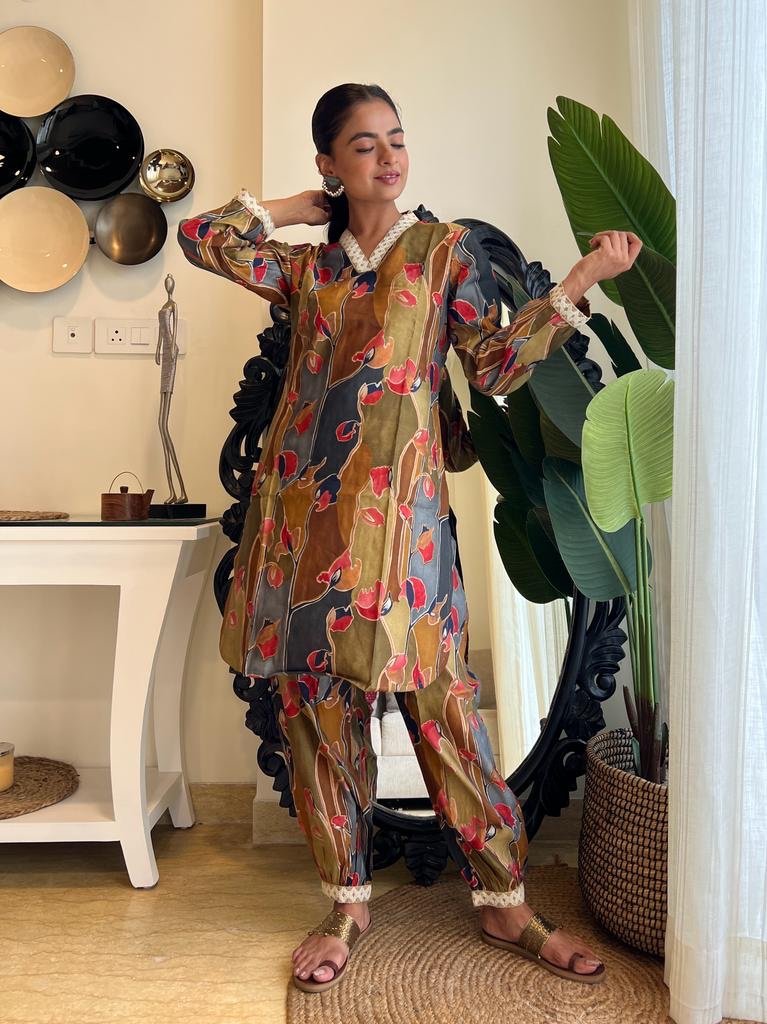 Olive Dark Floral Afghan Coord Set - Image 3