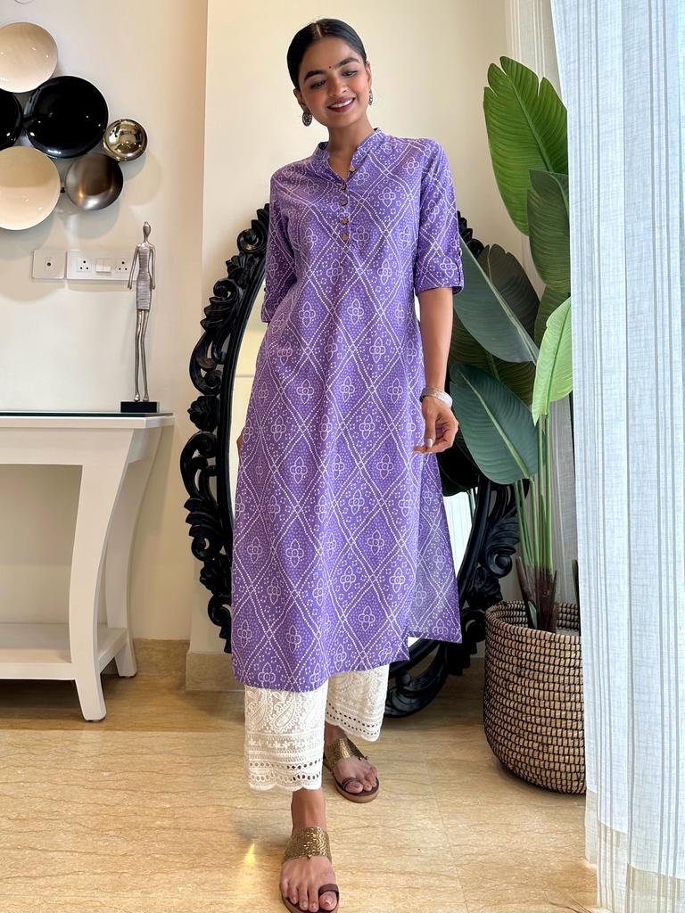 Weekend Cotton Kurta-Purple Bandhej