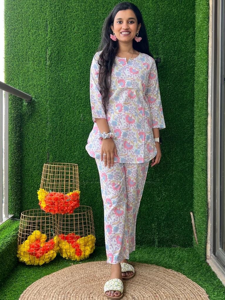 Cotton Lounge Set- White Neon Blue Big Floral
