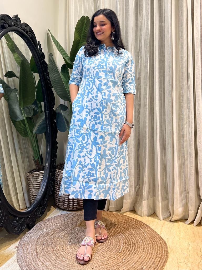 A-line Rayon Kurta- Sky Blue Batik