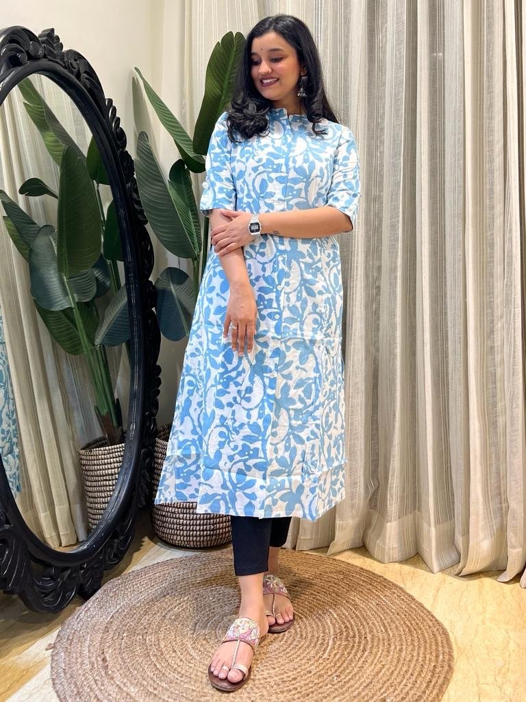 A-line Rayon Kurta- Sky Blue Batik - Image 3