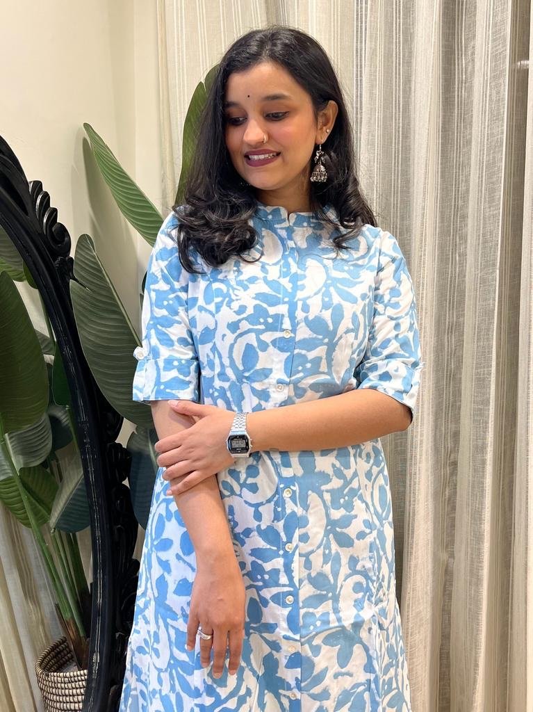 A-line Rayon Kurta- Sky Blue Batik - Image 2