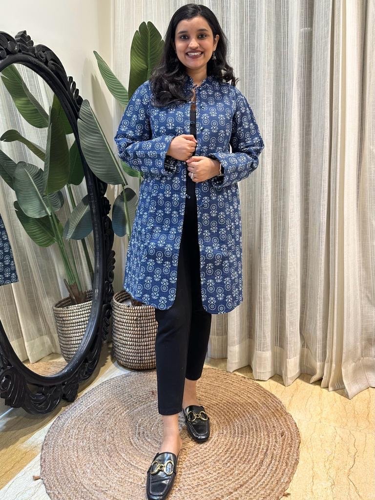 Reversible Quilted Long Jacket- Indigo Boota