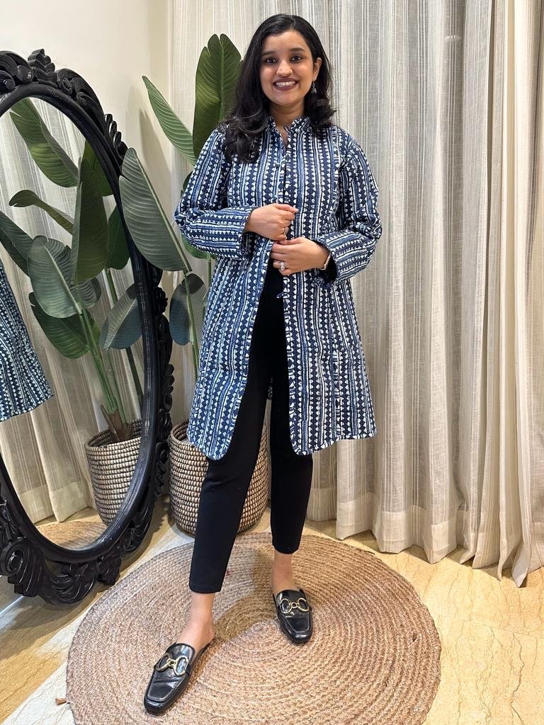 Reversible Quilted Long Jacket- Indigo Boota - Image 2