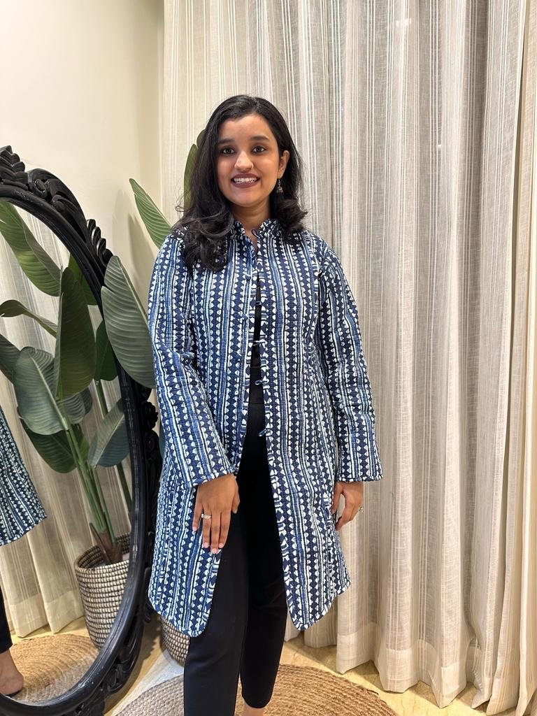Reversible Quilted Long Jacket- Indigo Boota - Image 4