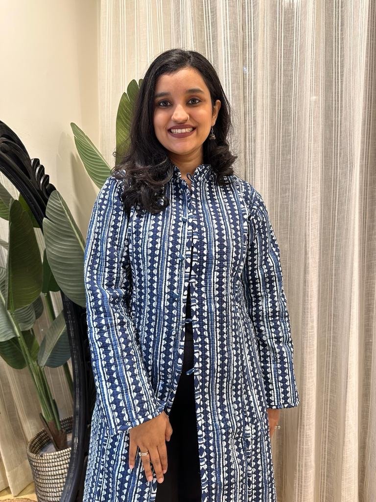 Reversible Quilted Long Jacket- Indigo Boota - Image 6