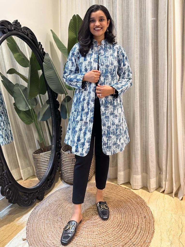 Reversible Quilted Long Jacket- Indigo Shibori