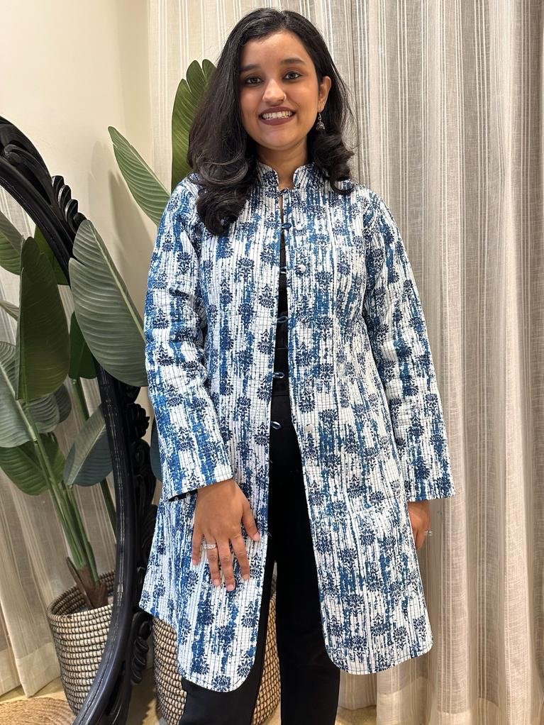 Reversible Quilted Long Jacket- Indigo Shibori - Image 3