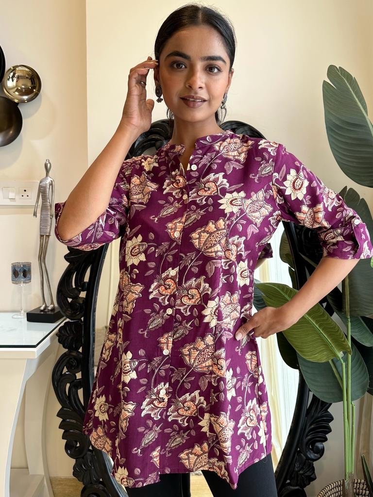 Weekend Rayon Short Kurta- Purple Floral - Image 2