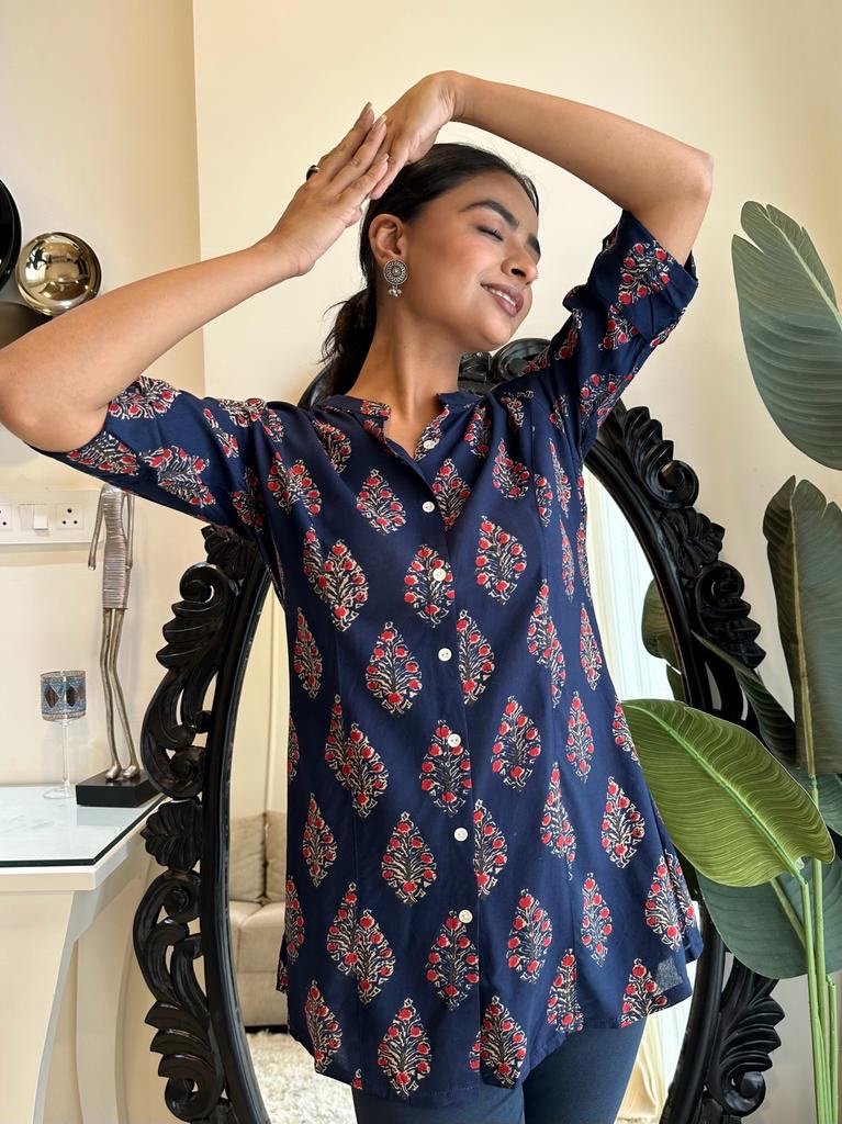 Weekend Rayon Short Kurta- Navy Boota