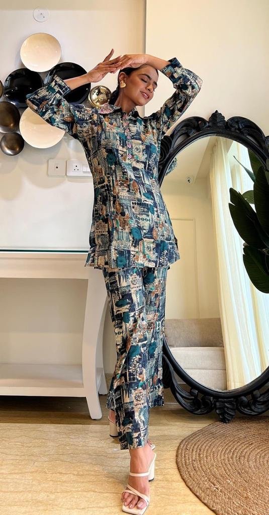 Muslin Silk Coord Set- Navy Mix