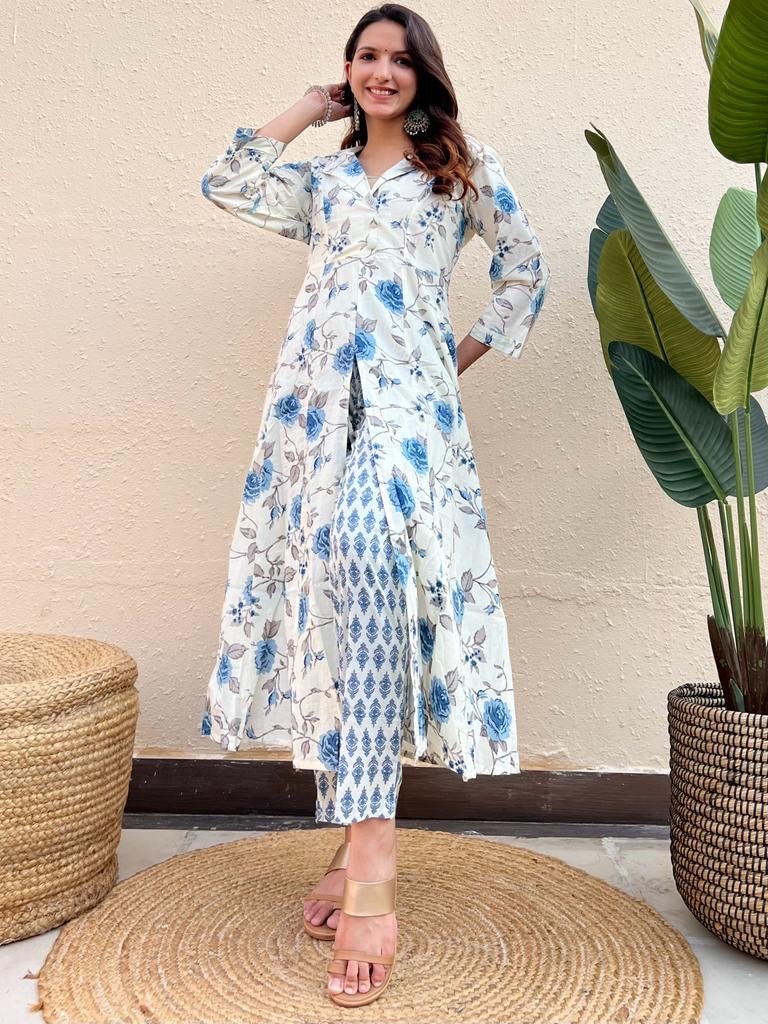 Cotton Coord Set- White Blue Floral