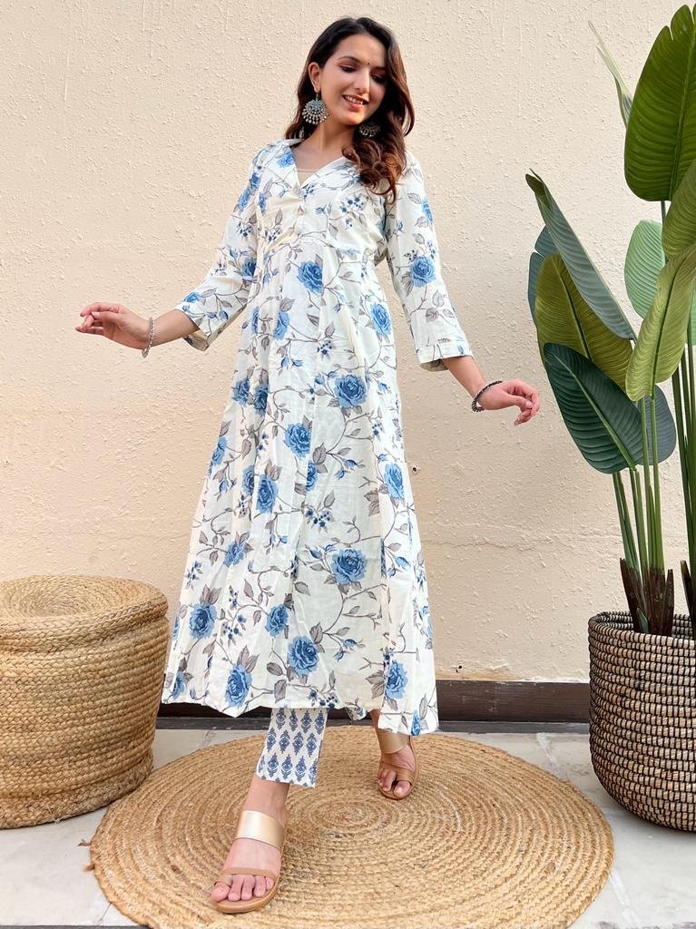 Cotton Coord Set- White Blue Floral - Image 3