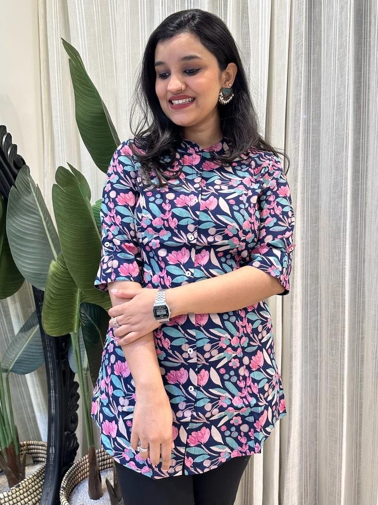 Weekend Rayon Short Kurta- Navy Multi Leaves