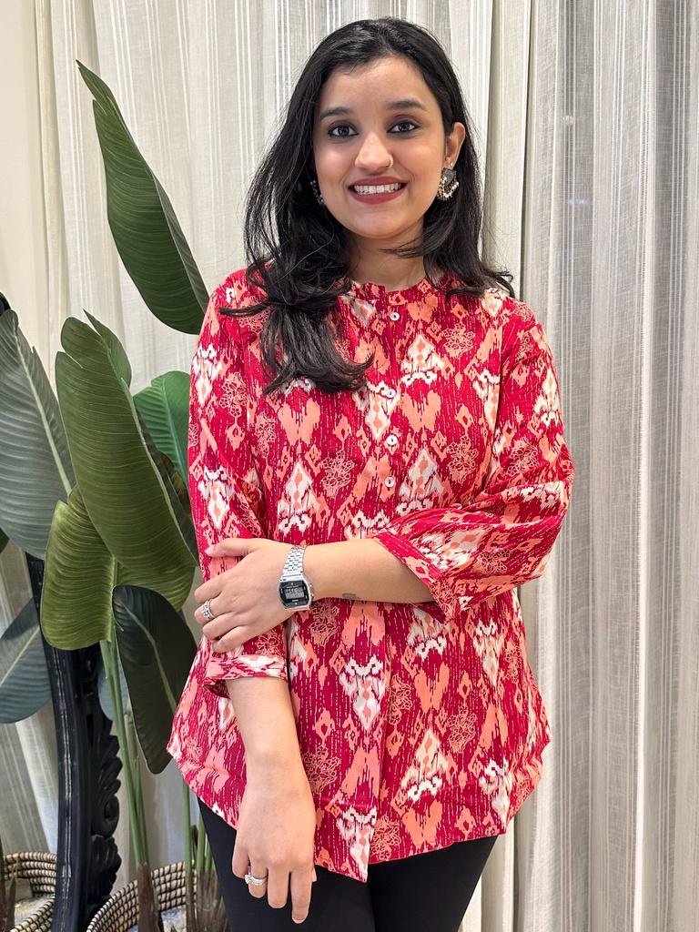 Weekend Rayon Short Kurta- Red White Mix