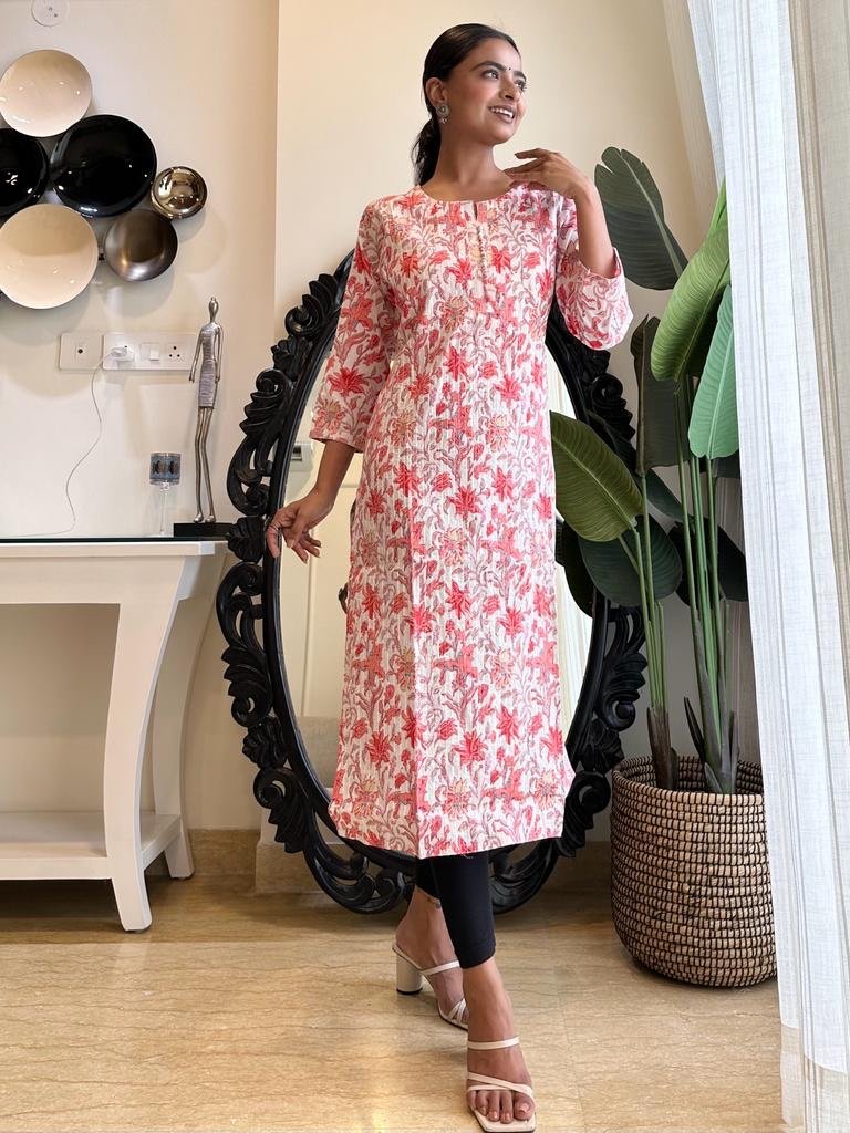 Cotton Pintuck Kurta- White Pink Floral - Image 3