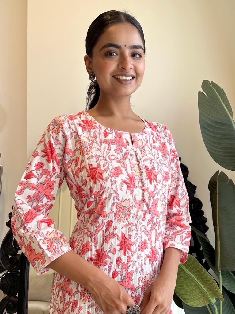 Cotton Pintuck Kurta- White Pink Floral - Image 2