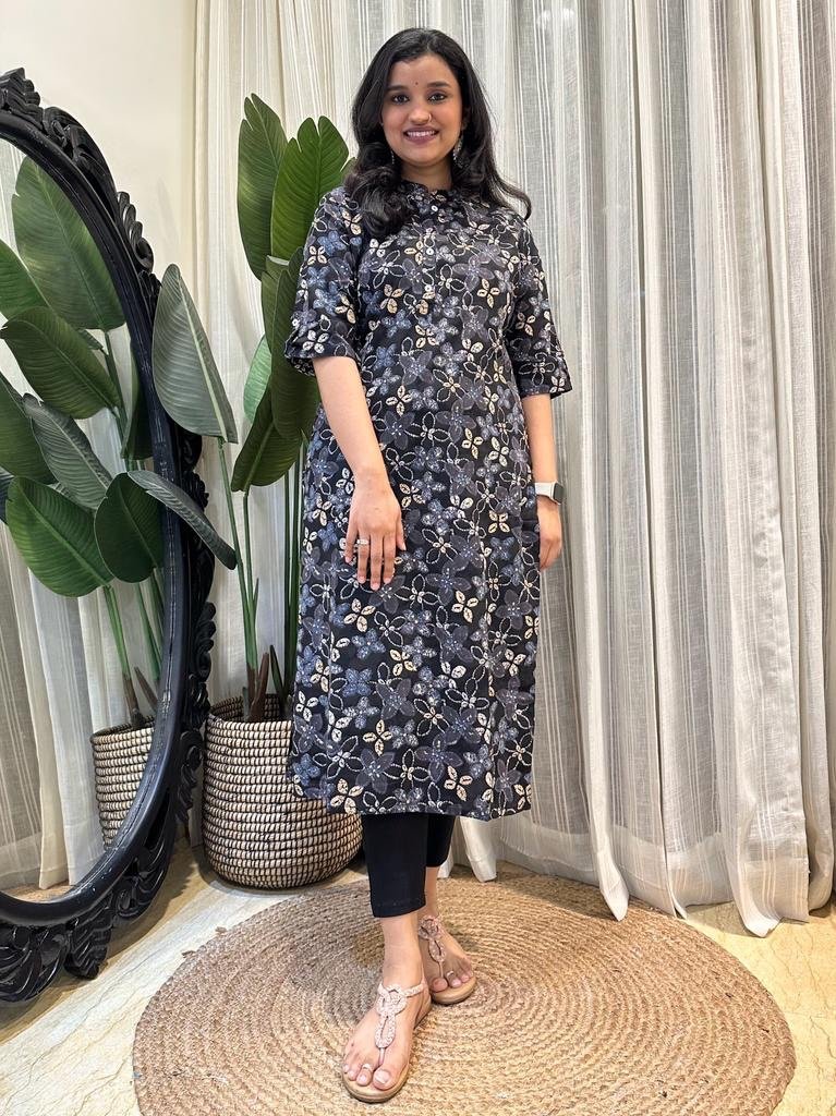 Weekend Rayon Kurta- Black Blue Floral