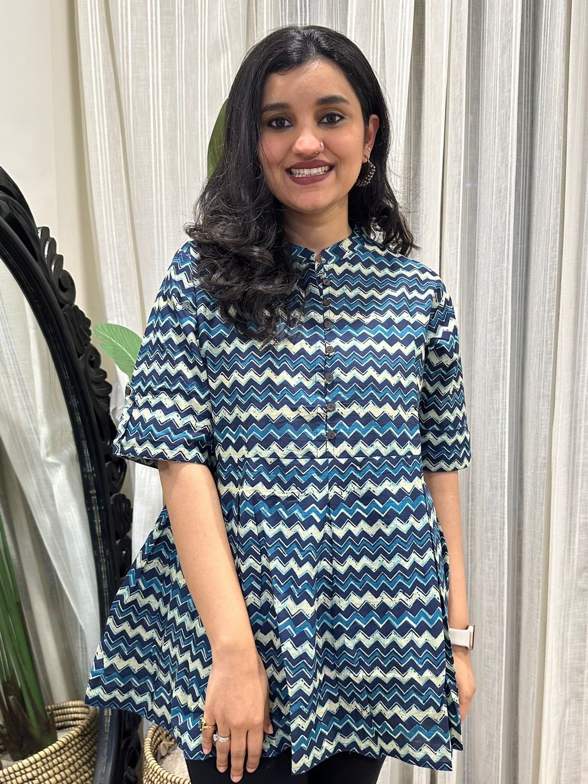 Cotton Peplum Top- Navy Zigzag
