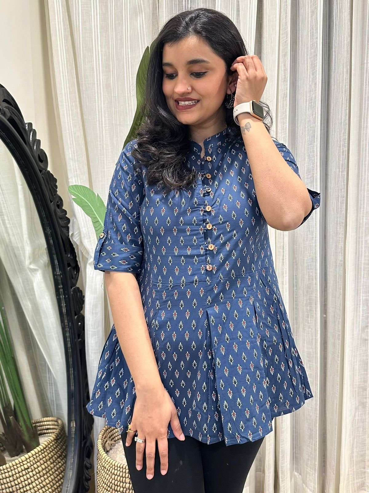 Cotton Peplum Top- Navy Booti