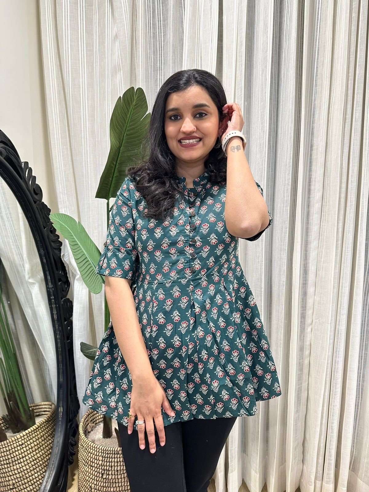 Cotton Peplum Top- Dark Green Booti - Image 2