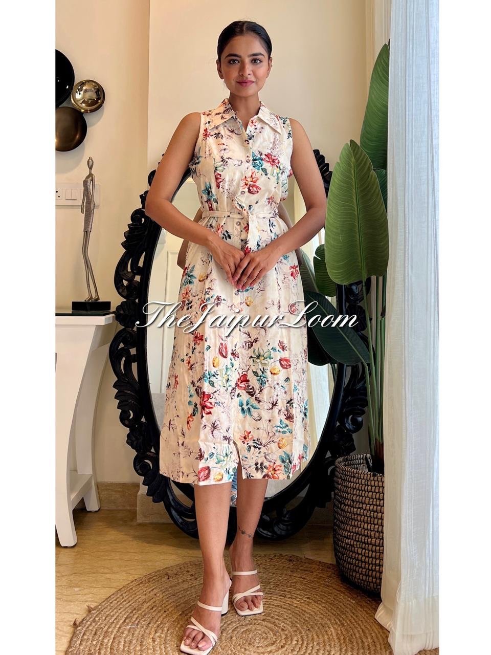 Off White Florals Dress with Pocket