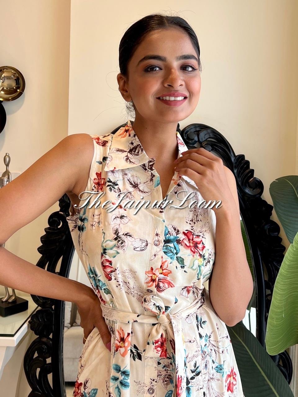Off White Florals Dress with Pocket - Image 2