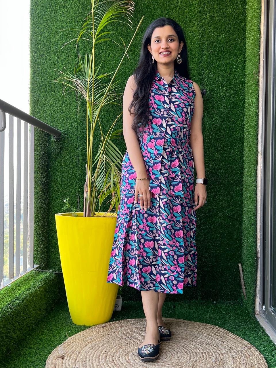 Navy Multi Leaves Dress with Pocket