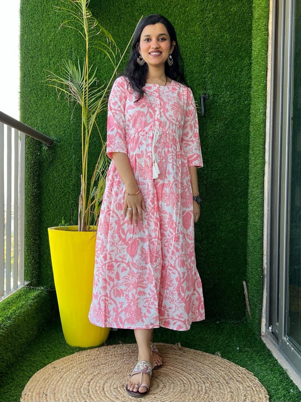 Cotton Midi Dress- White Pink Floral