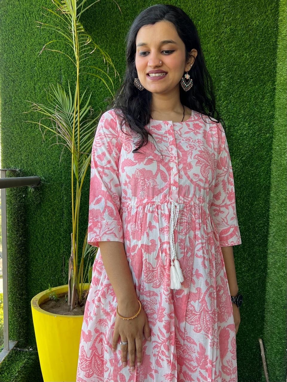Cotton Midi Dress- White Pink Floral - Image 2