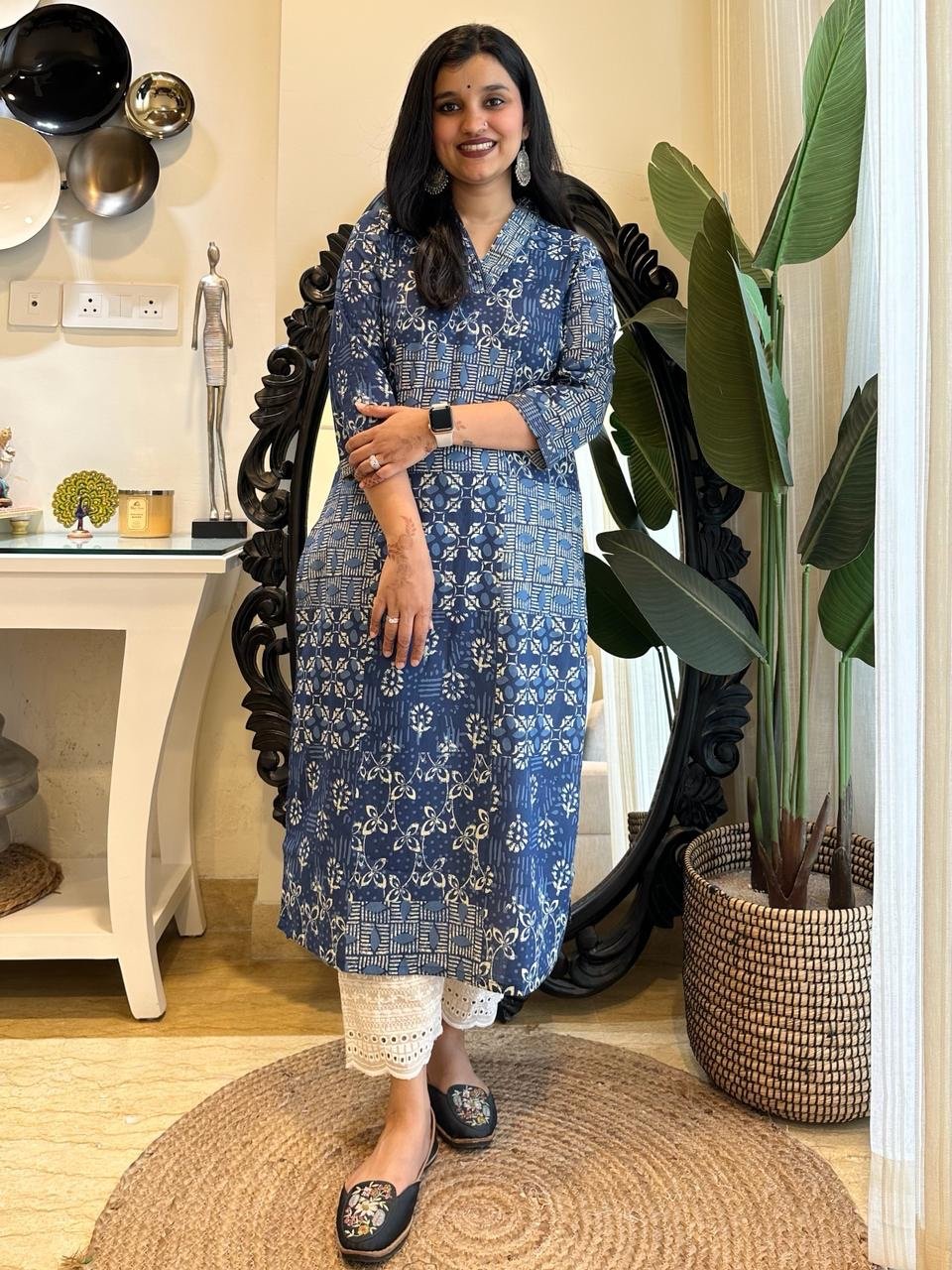 V-Neck Cotton Kurta- Indigo Patch