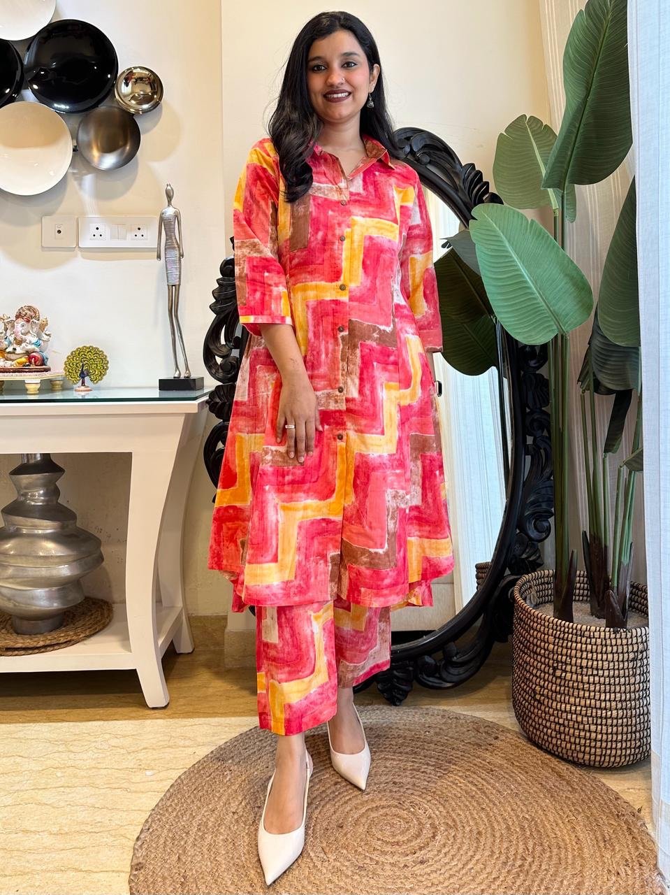 Cotton Coord Set- Neon Pink Zigzag