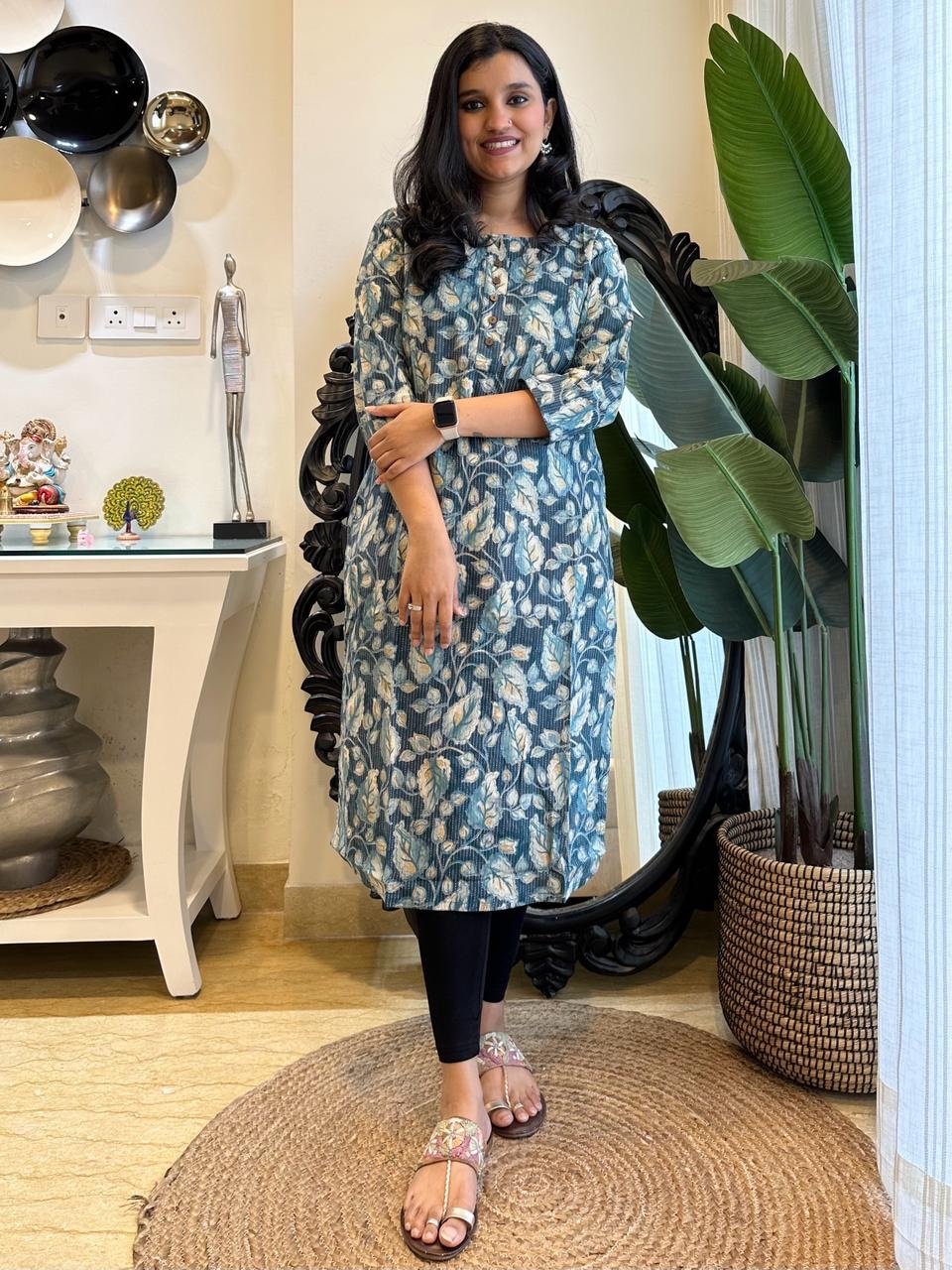 Weekend Round Neck Kurta- Teal Floral Jaal