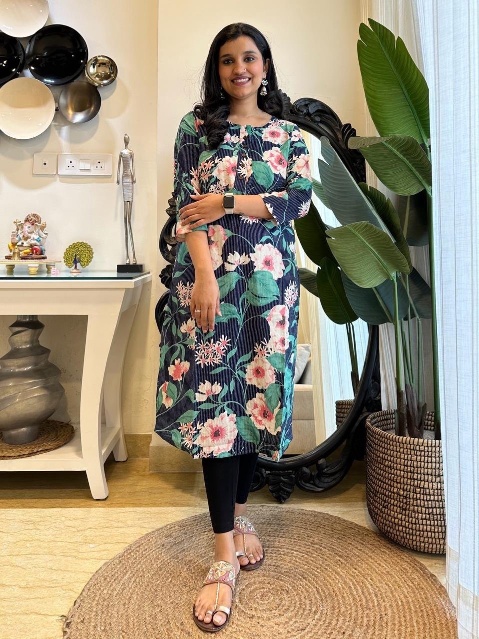 Weekend Round Neck Kurta- Navy Blue Big Florals