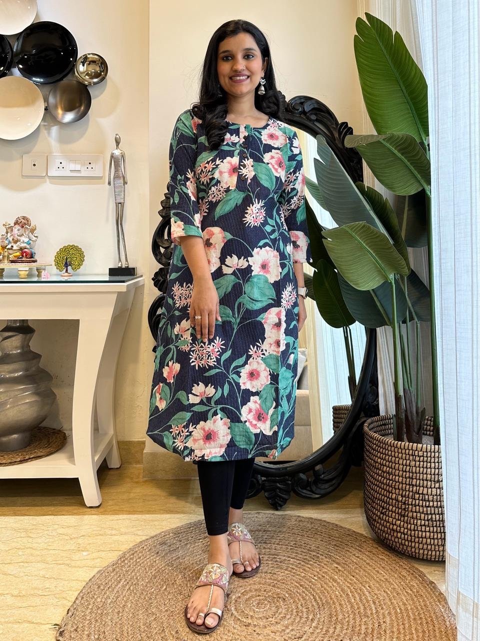 Weekend Round Neck Kurta- Navy Blue Big Florals - Image 3