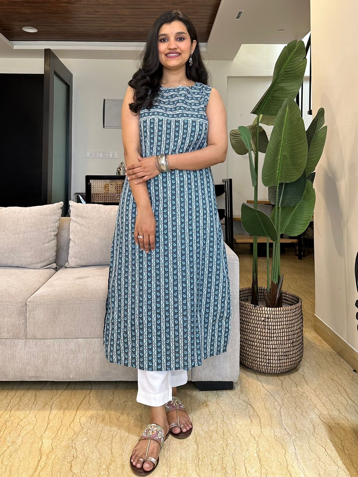 Blue Stripe Sleeveless Kurta