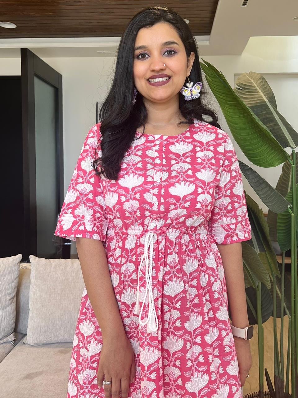Cotton Midi Dress- Pink Floral Bel - Image 2
