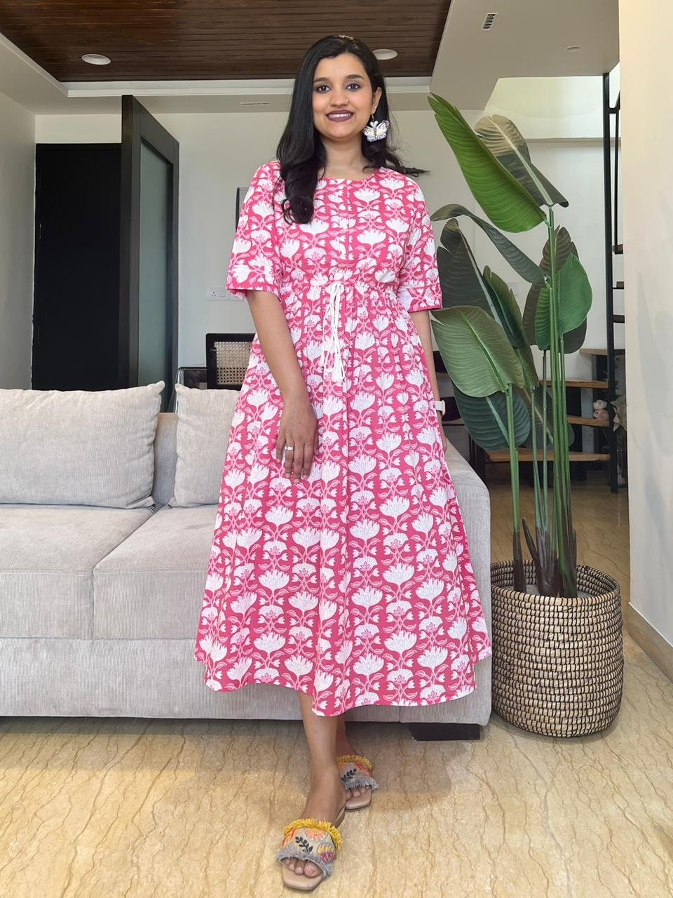 Cotton Midi Dress- Pink Floral Bel
