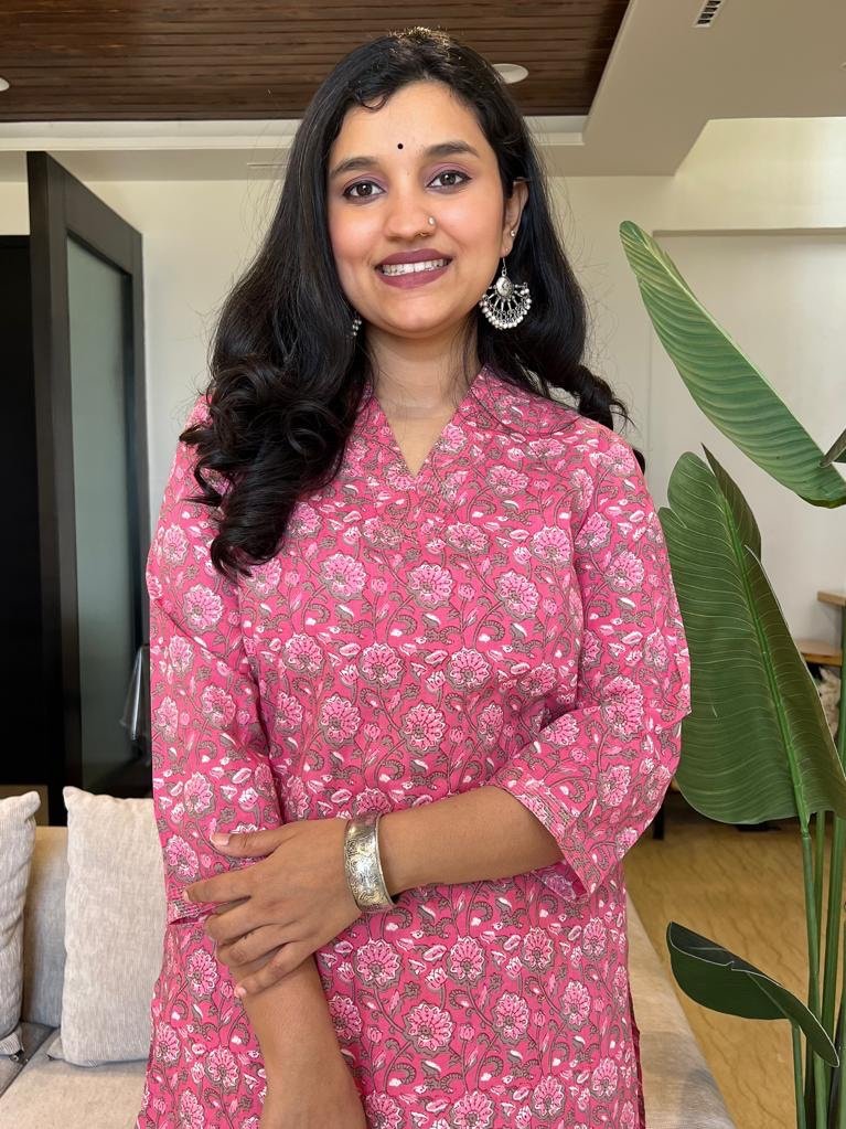 V Neck Cotton Kurta- Pink Florals - Image 2