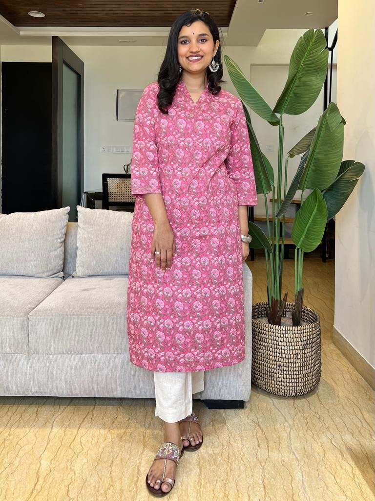 V Neck Cotton Kurta- Pink Florals