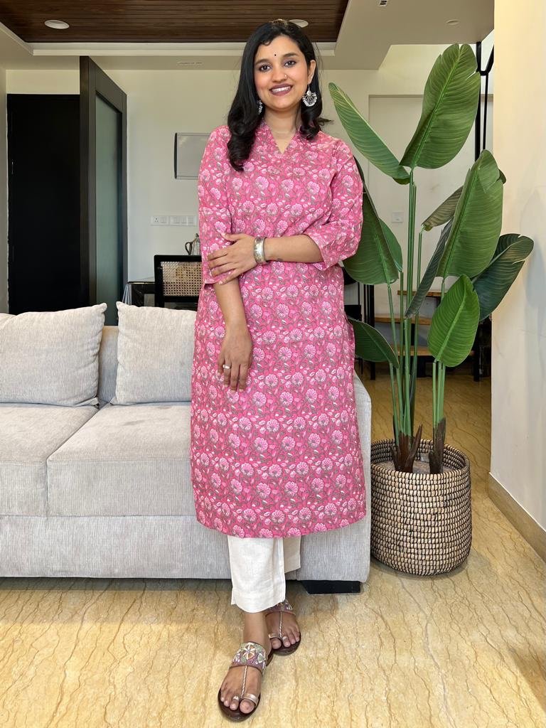 V Neck Cotton Kurta- Pink Florals - Image 3
